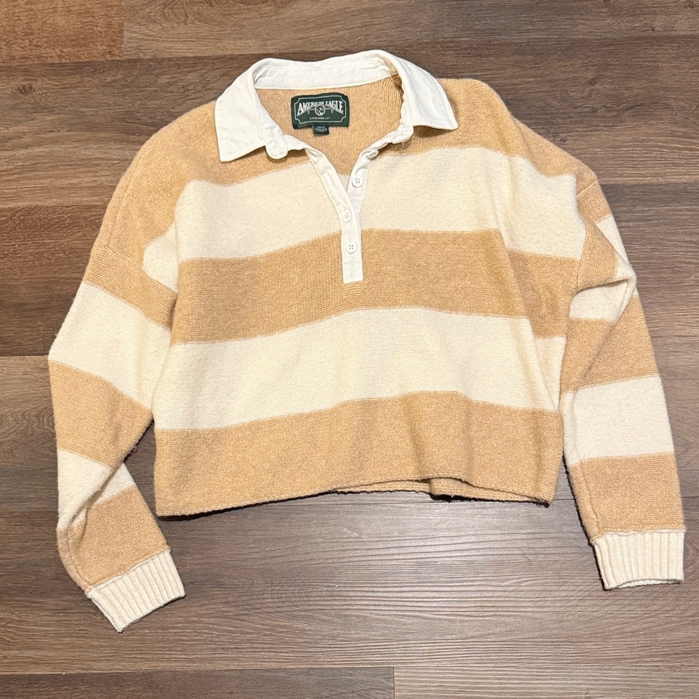 American Eagle Outfitters Women's Tan and Cream Striped Sweater